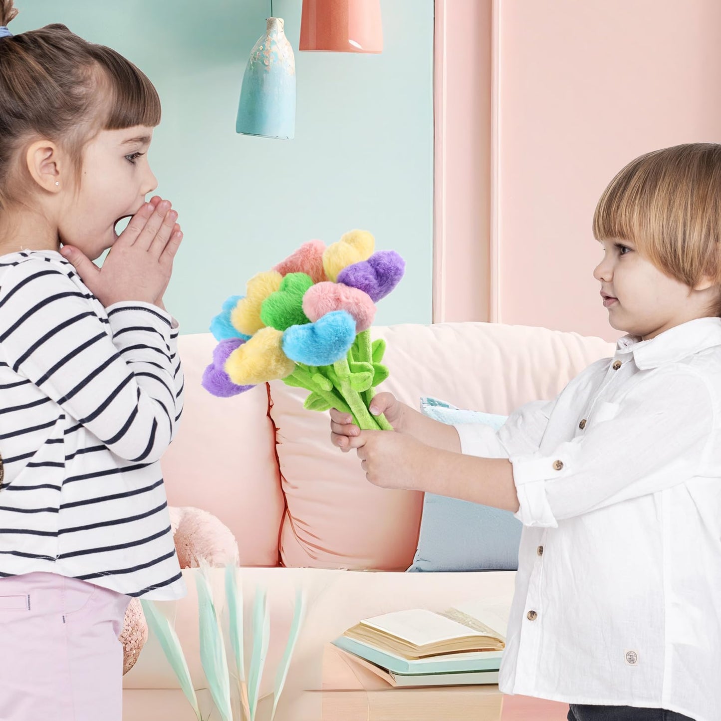 10 Pcs Plush Heart Floral Stuffed Bendable Stems Plush Bouquet Toy Soft Rose Flower 12.6 Inch For Christmas Classroom 2025 Mothe