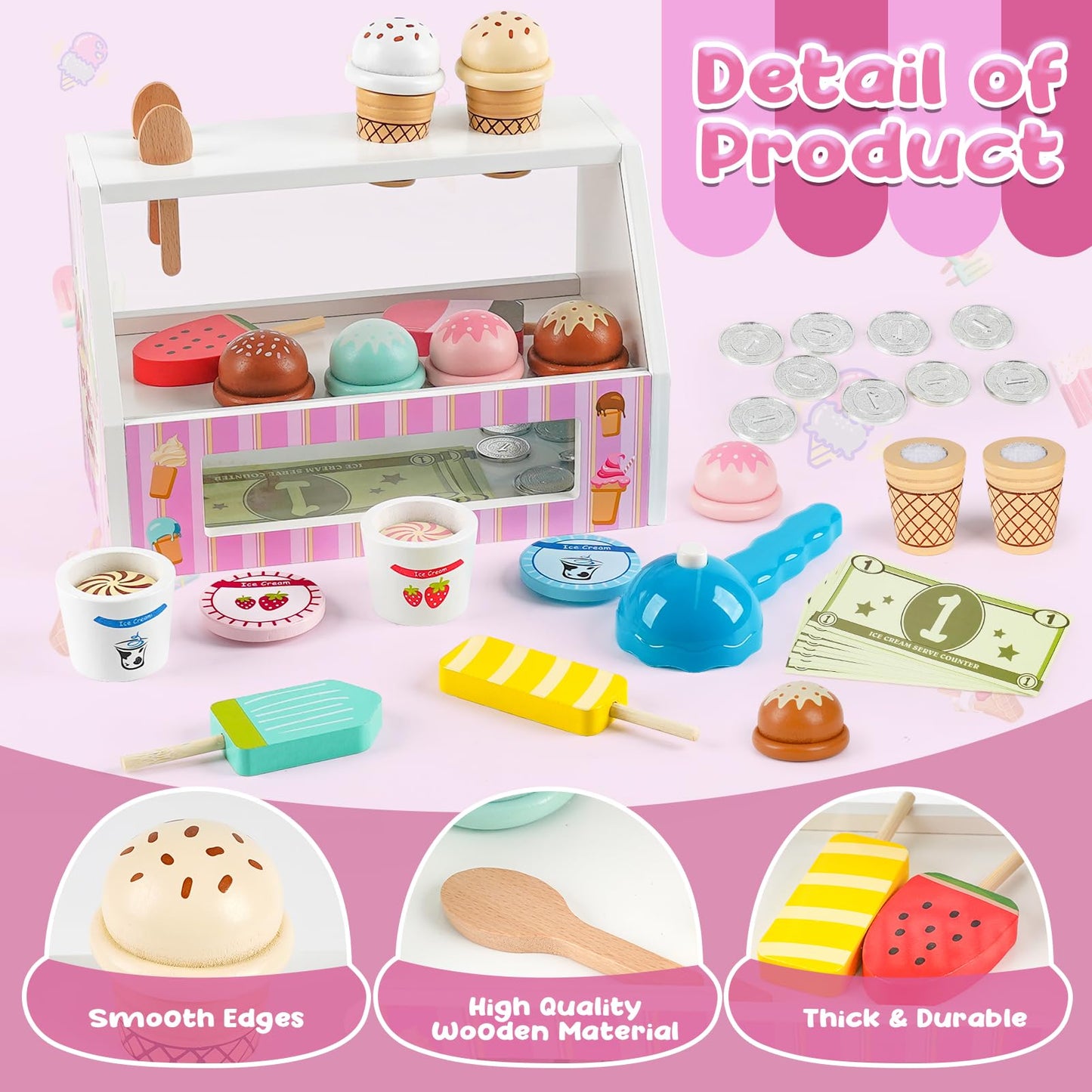 Dreamon Ice Cream Counter Playset for Kids, 38 PCS Wooden Ice Cream Set Shop for Toddlers 3-5, Toddler Pretend Play Toy, Christm