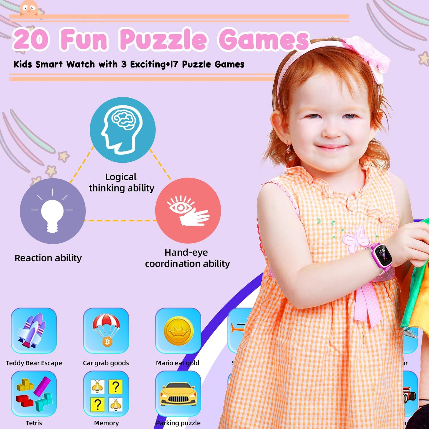 Kids Smart Watch Girls, Toys For 3-10 Year Old Girls Boys, 1.44' Touchscreen Kids Watch With 20 Puzzle Games Camera Alarm Video Music Player, Toddler Watch Kids Toys Christmas Birthday Gifts For Girls