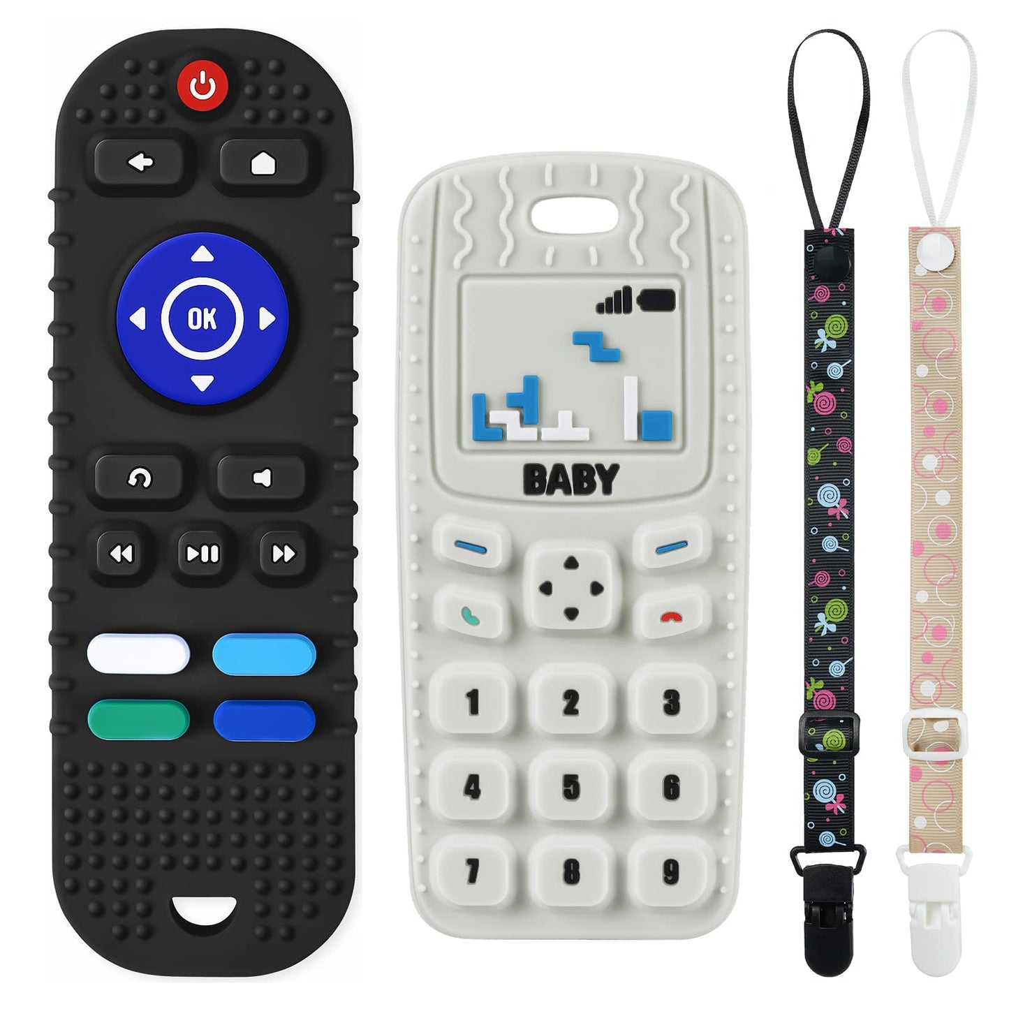 2Pcs Silicone Baby Teething Toys,Remote Control Shape Teething Toys And Phone Teething Toys With 2Pcs Pacifier Clip,Bpa Free Sil