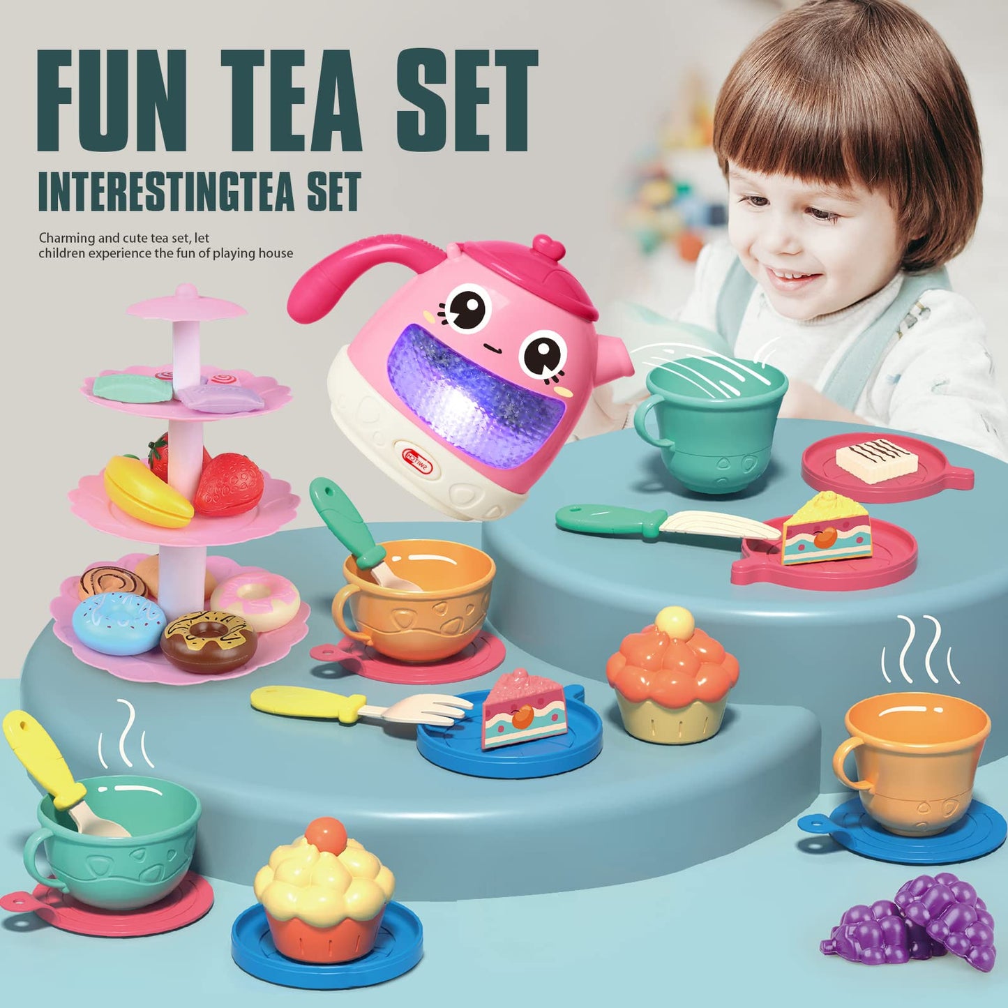 Tea Set for Little Girls 1-3, 48 PCS Tea Party Set for Toddler Little Girls 3-5 with Teapot Tea Cup Music & Light Play Food Toy