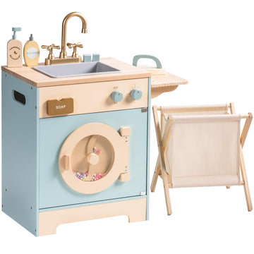 ROBOTIME Toy Kitchen Washer Playset, Wooden Toy Washing Machine for Kids with Clothes Basket, Iron and Sink, Pretend Toddlers Ki