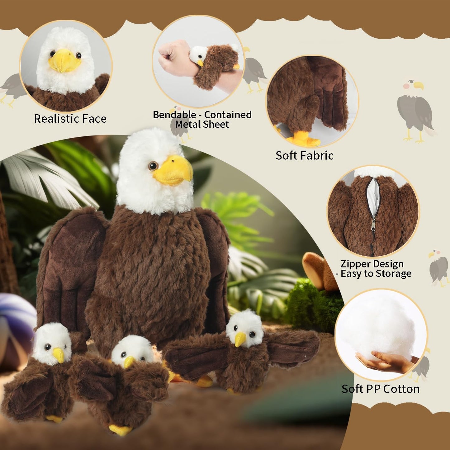 Youthfuljive 4 Pcs Bald Eagle Stuffed Animal Bulk Large Mommy Eagle Plush With 3 Cute Babies Stuffed Eagle Plushies Toys For Kid