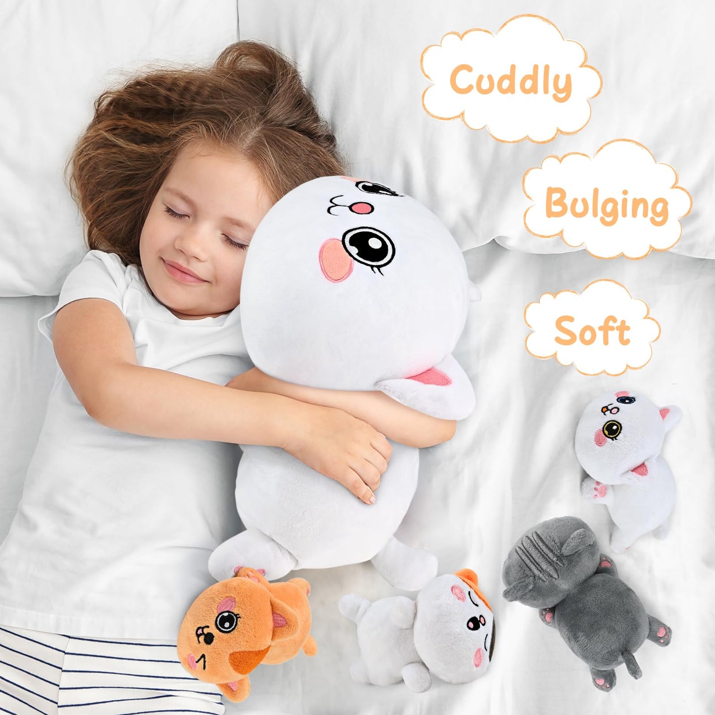 KMUYSL Cat Plush Toy - Mommy Cat with 4 Baby Kittens - Orange - Ideal Gift for Kids Ages 3-8+ - Model Cat-Plush-0505