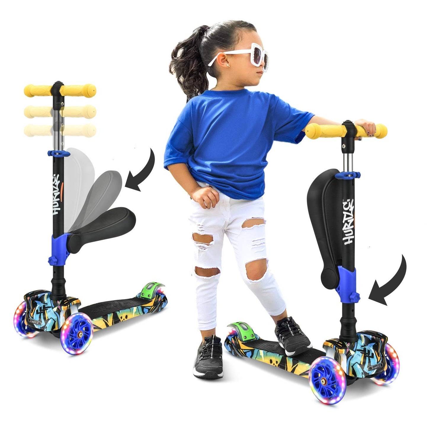 Hurtle 10 Wheeled Scooter For Kids - Stand & Cruise Child/Toddlers Toy Folding Kick Scooters W/Adjustable Height, Anti-Slip Deck, Flashing Wheel Lights, For Boys/Girls 2-12 Year Old - Hurtle