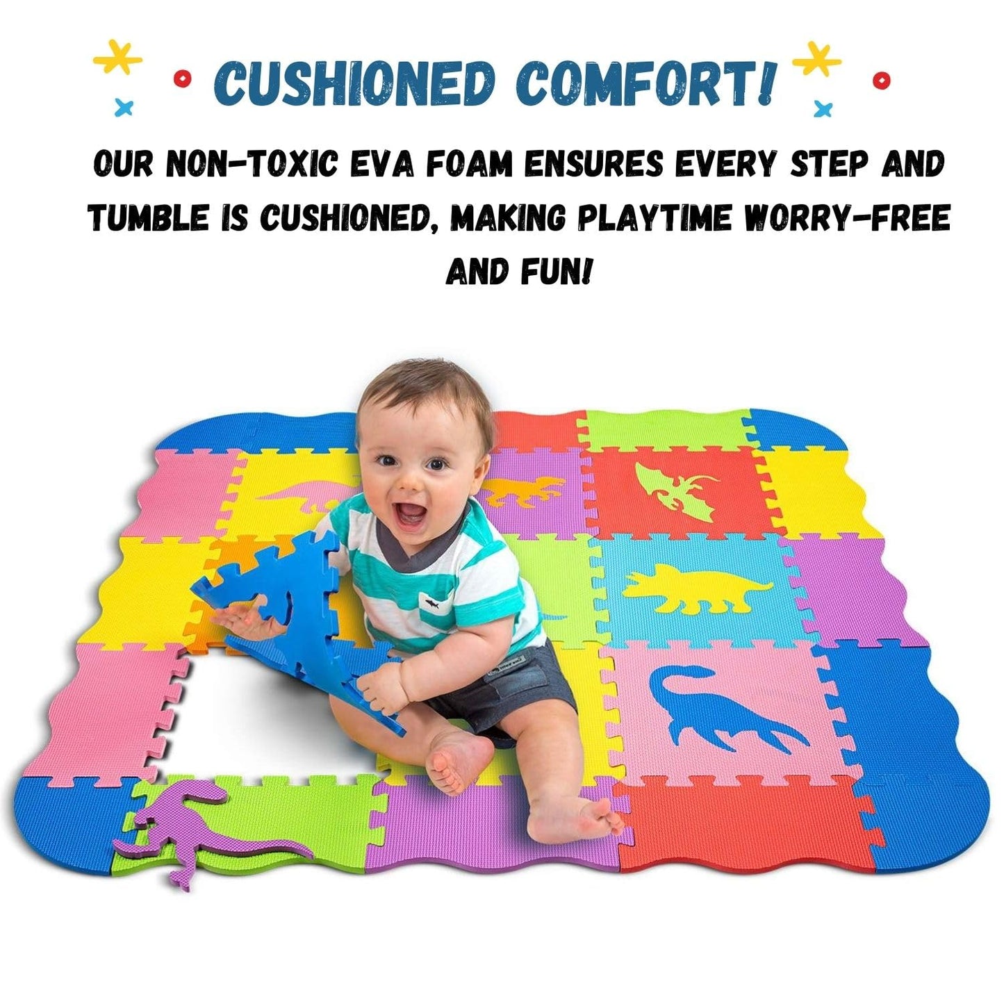 Toyvelt Baby Play Mats For Floor 48''X48'' Foam Rugs For Babies, Extra Large Baby Play Mats Comes With 9 Dinosaur Shapes, Dinosa