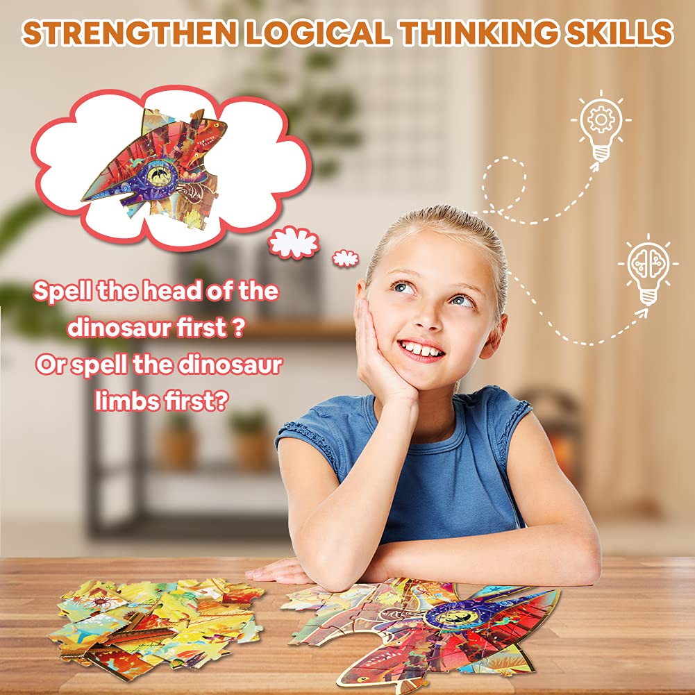Has Kids Floor Puzzles For Ages 4-10, 48 Pcs Double-Sided Dinosaur Puzzles, Unique Large Pieces Irregular Shape Jigsaw Puzzle, Surprise Gift Toy For Children (Pterodactyl)