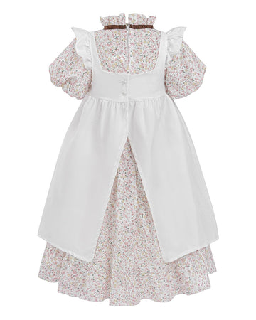 Ltakk Pioneer Dress Girls Colonial Costume Prairie Pilgrim Girl Dresses With Pinafore And Bonnet, Pink Floral, Large
