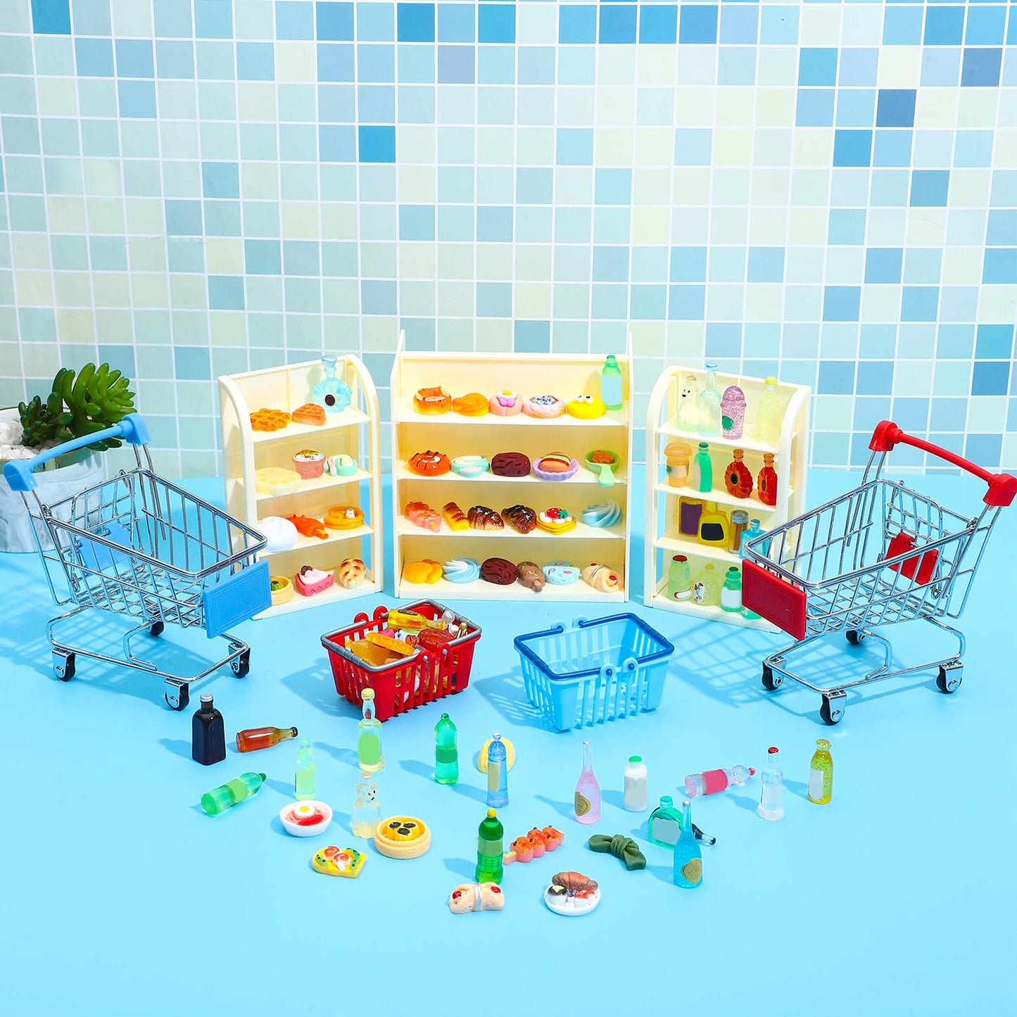 Onest 105 Pieces Miniature Dollhouse Accessories Mini Shopping Cart Basket With Food Drink Bottle And Others For Dollhouse Kitch