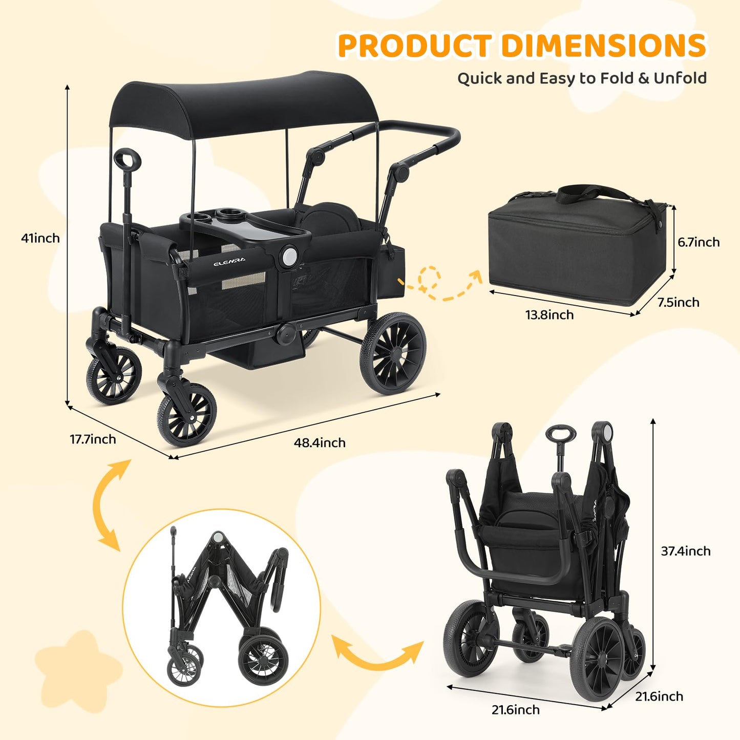 ELEMARA Stroller Wagon for 2 Kids Foldable Wagon Stroller enhanced All Terrain Wagon for Kids Kids Wagon Cart w/Removable Canopy Adjustable Push/Pull Handle Harnesses Large Storage Bag Black