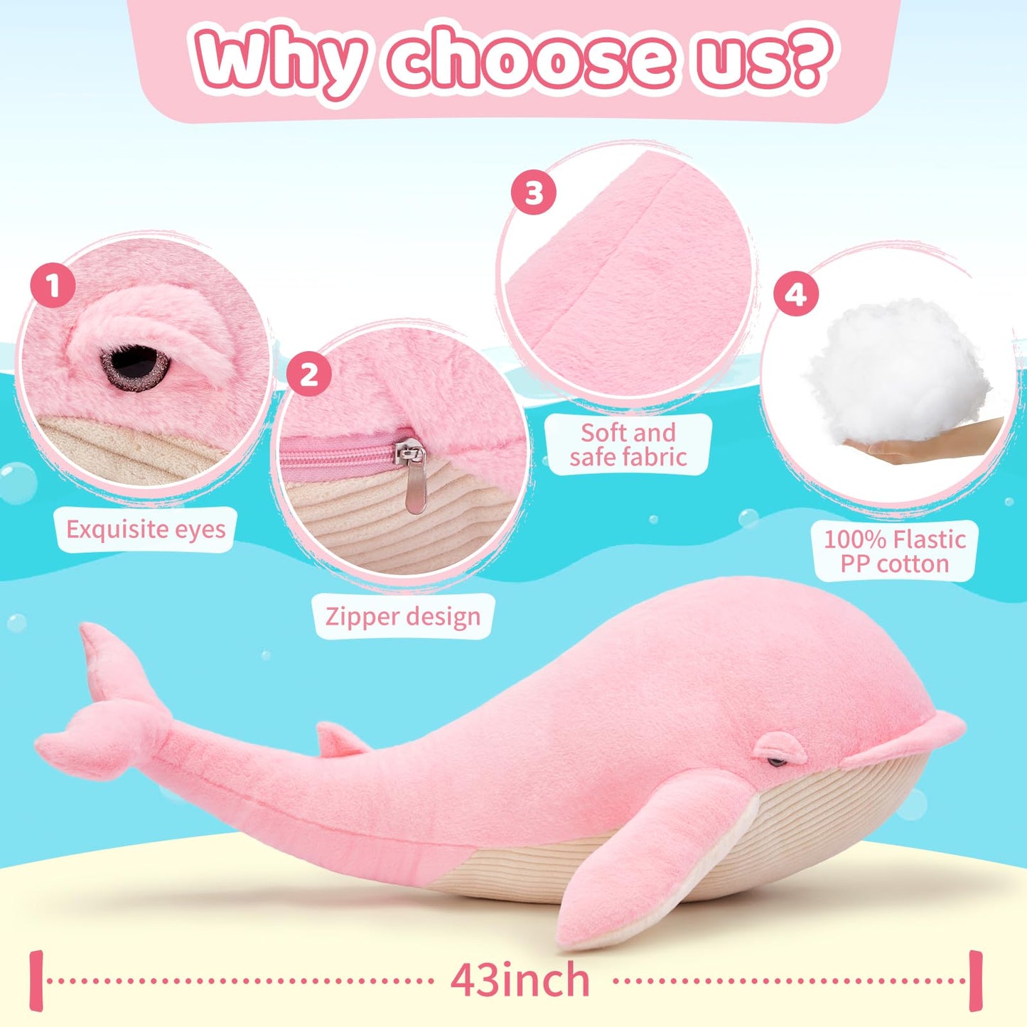 Tezituor 4ft Giant Whale Stuffed Animal, 43.3 inch Large Stuffed Pink Whale Plush Ocean Toys, Hugging Soft Whale Plush Pillow fo