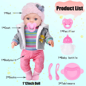 dollbie 12 Inch Baby Doll - 12 Lifelike Baby Doll with 3-Piece Outfits 4 Accessories & Feeding Playset - Realistic Rosy Cheeks & Blue Eyes for Kids