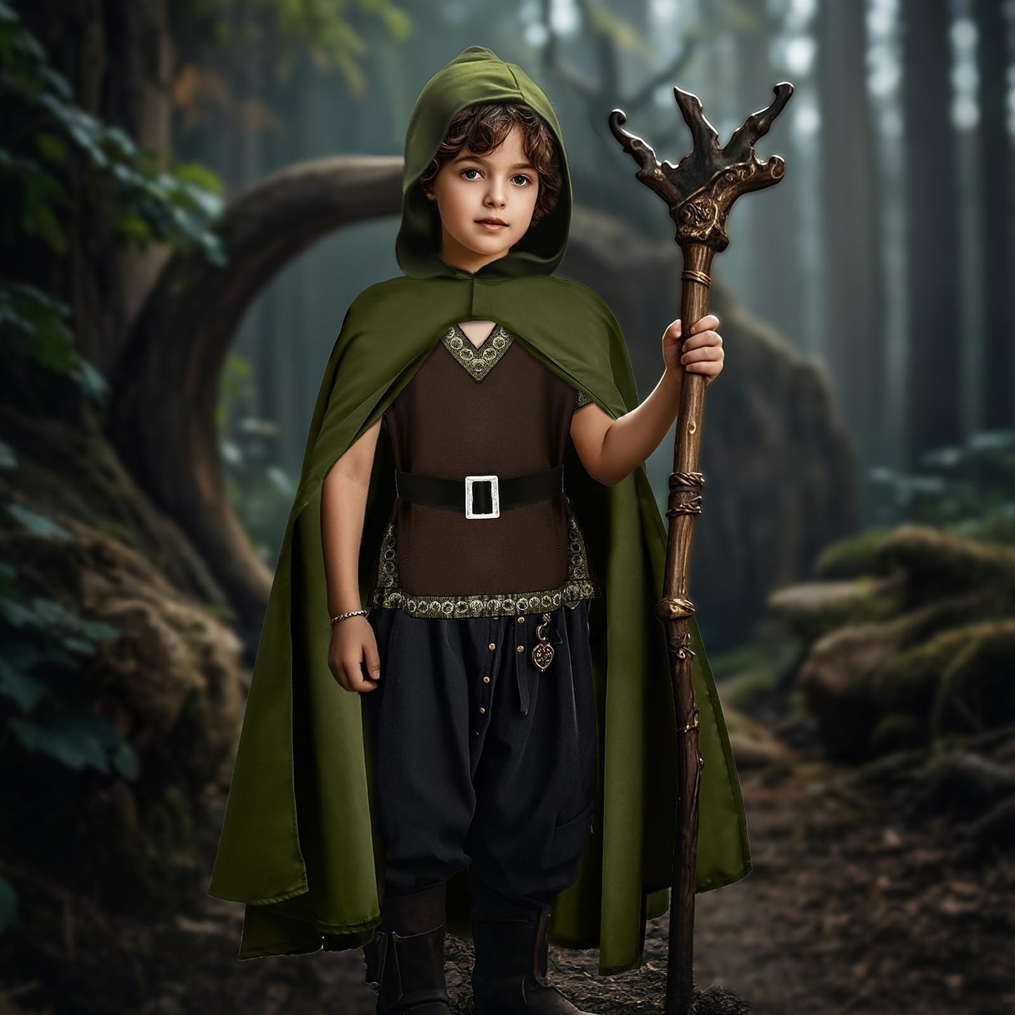 G.C Kids Renaissance Shirt Cloak Costume Belt Boys Medieval Costume Accessories Outfit Knight Hooded Cape Halloween Cosplay
