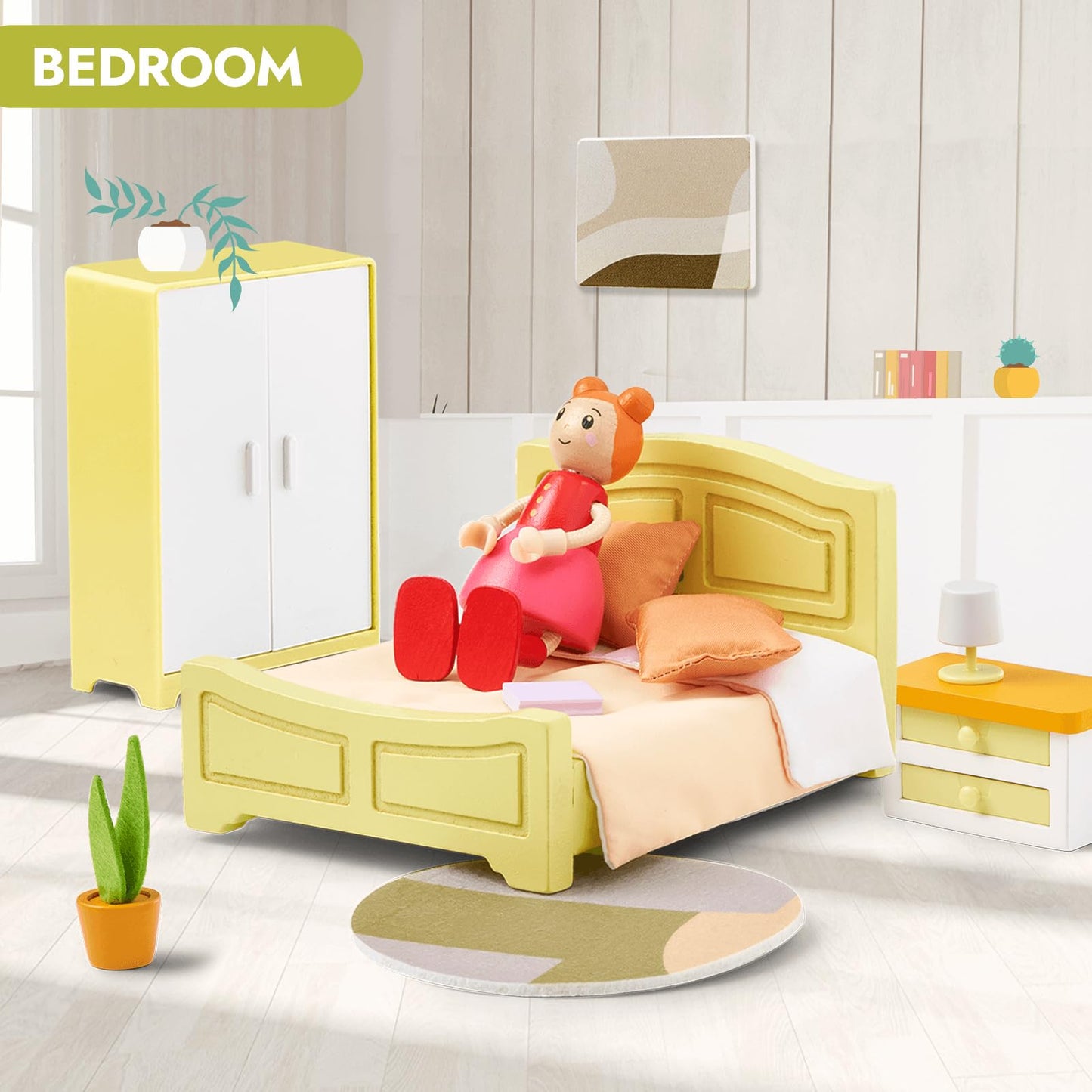 Giant Bean 85Pcs Wooden Plastic Dollhouse Furniture Set For 6 Rooms, Modern Dollhouse Accessories Pretend Play Furniture Toys Gi