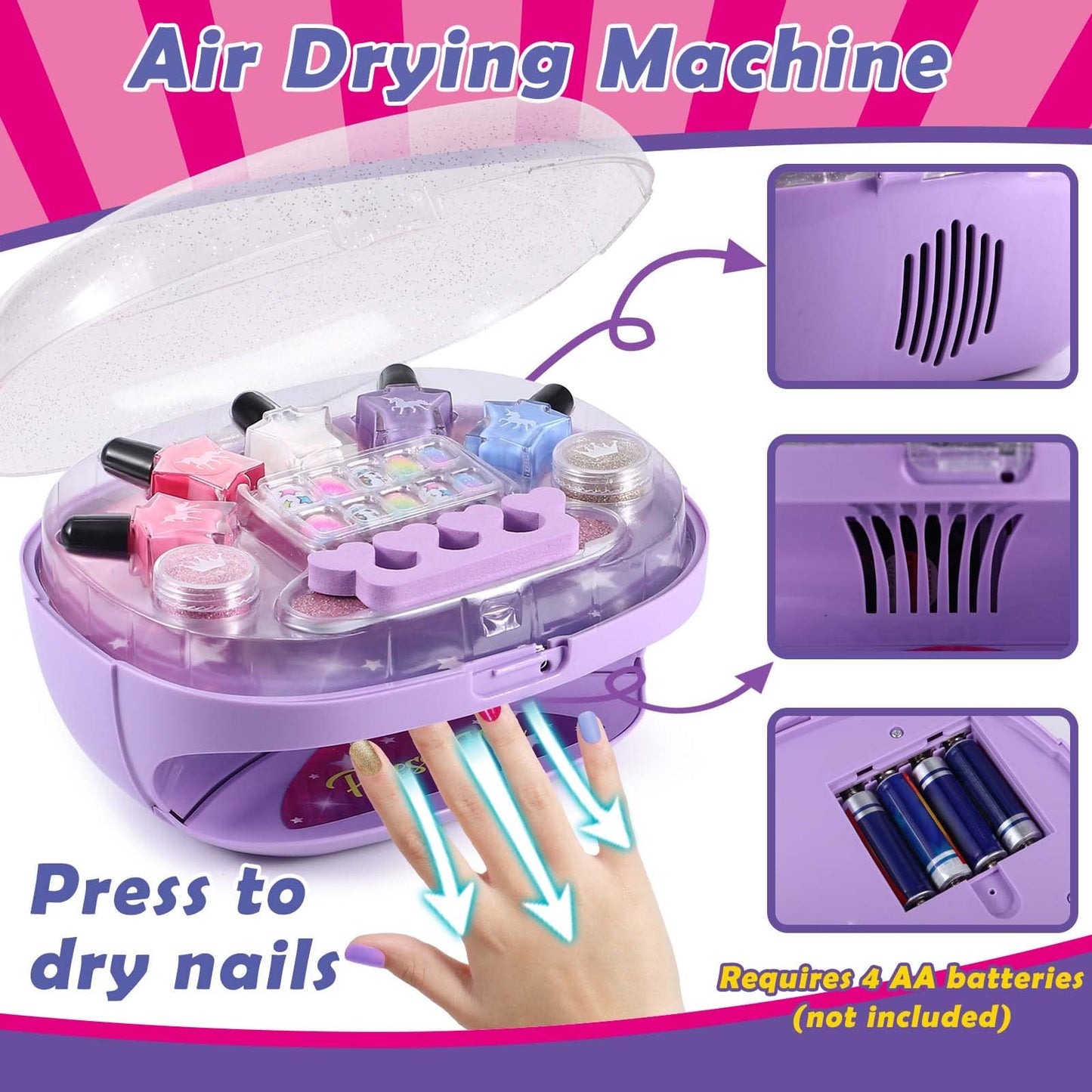 Golray Kids Nail Polish Set for Girls, All-in-One Nail Art Kit - Nail Dryer/ Nail Polish/ Glitter Powder/ False Nails/ Nail Deca