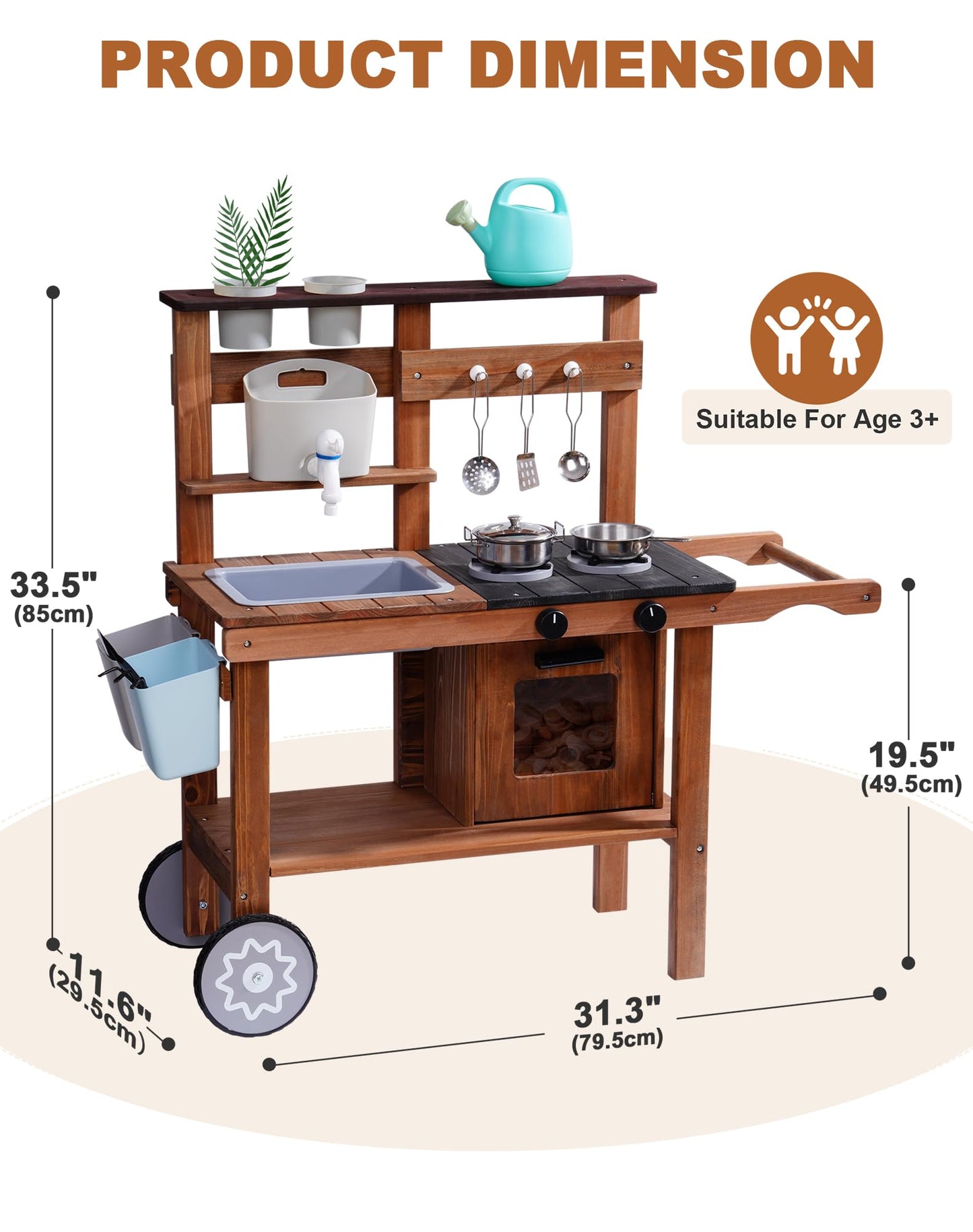 Robud Mud Kitchen For Kids Outdoor With Wheels, Wooden Outdoor Play Kitchen, Kids Mud Kitchen With Removable Sink & Faucet, Mont