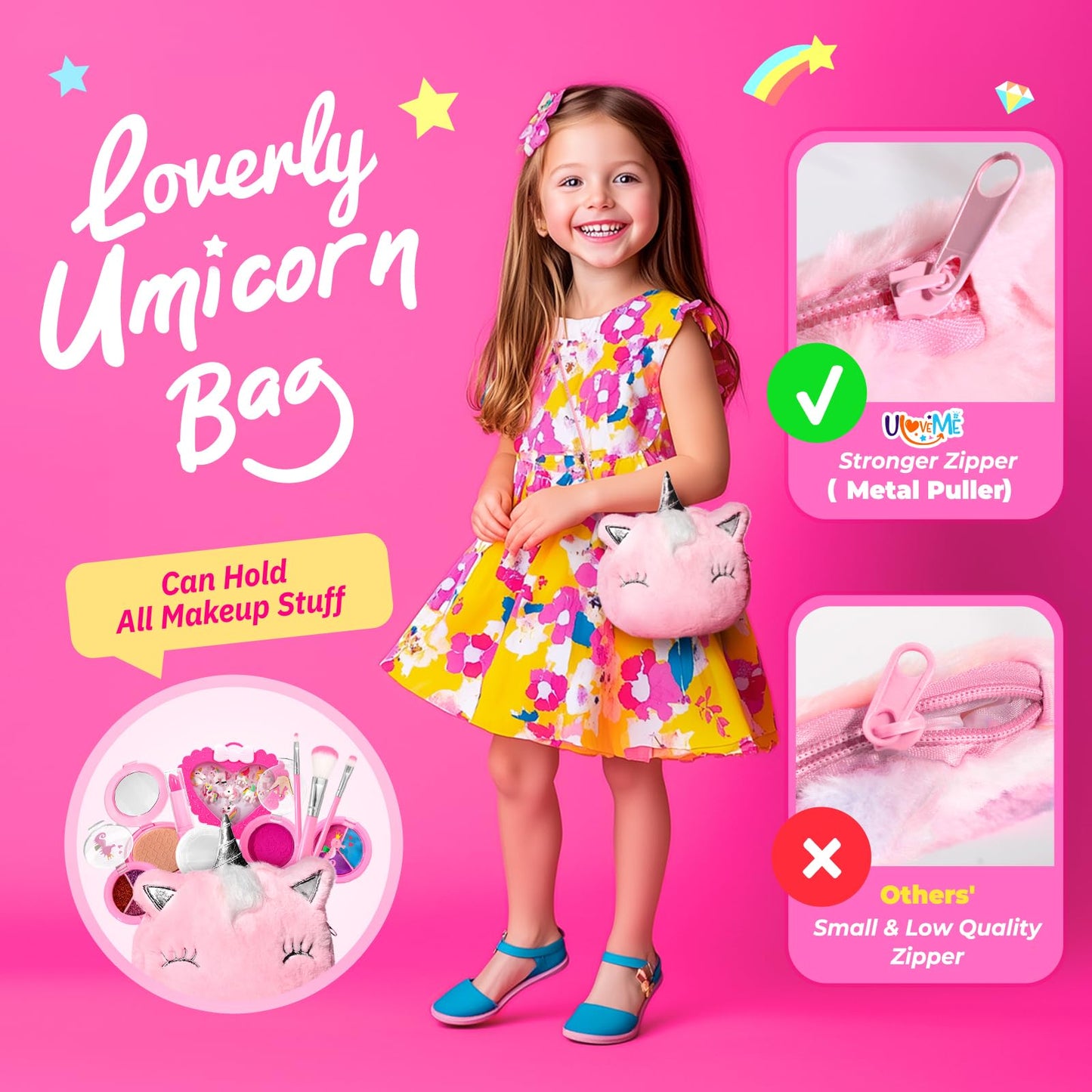 ULOVEME Kids Makeup Sets for Girls 5-8 - Real, Non Toxic, Washable Make Up Toy - Umicorn Toys Gift for Girls Birthday (Pink Umic
