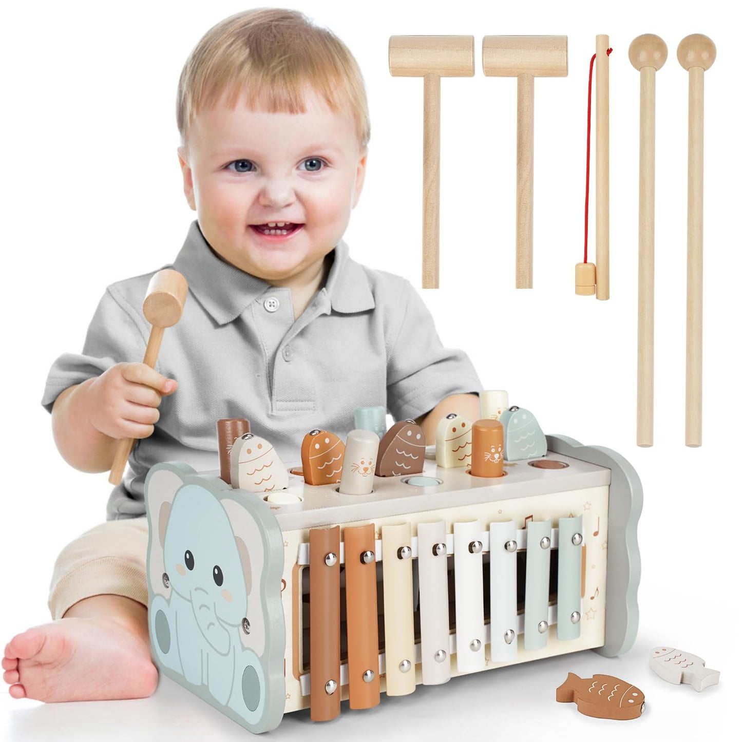 Dinorun Montessori Toys For 1 Year Old Boy Gifts: Wooden Hammering Pounding Toy With Xylophone/Fishing Game For Toddler Girls Age 1-2, 1St One First Christmas Birthday Gift For Baby 6-12-18 Months