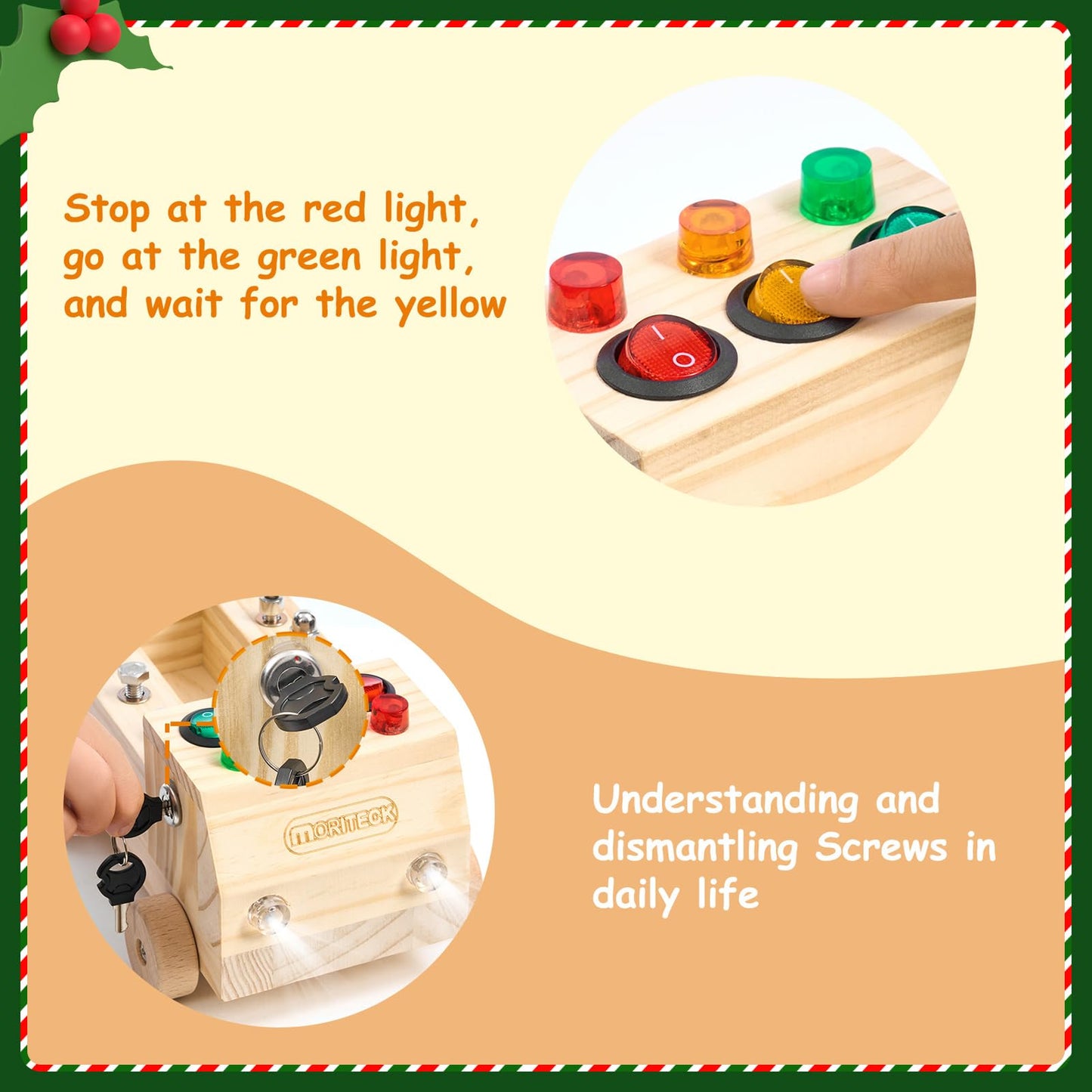 Moriteck Montessori Busy Board With Led Light, Screwdriver Tool Set Toddler Toys, Wooden Sensory Montessori Toys For 3+ Year Old