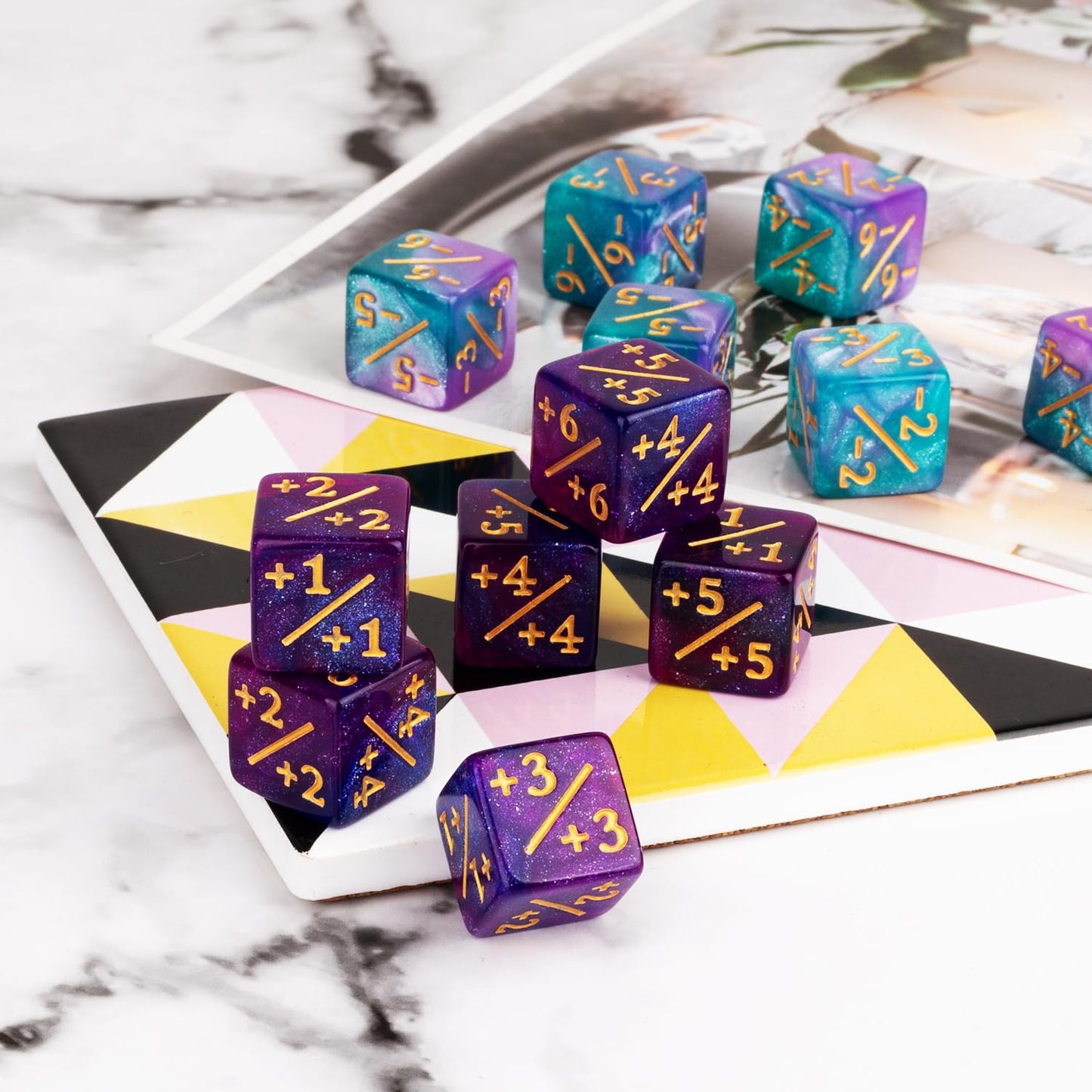 24 Pieces MTG Dice Counters Magic The Gathering Counter Status Tokens Starry Sky D6 Dice Set for MTG Cards Game Night Accessories(Turquoise&Lilac Navy&Purple)