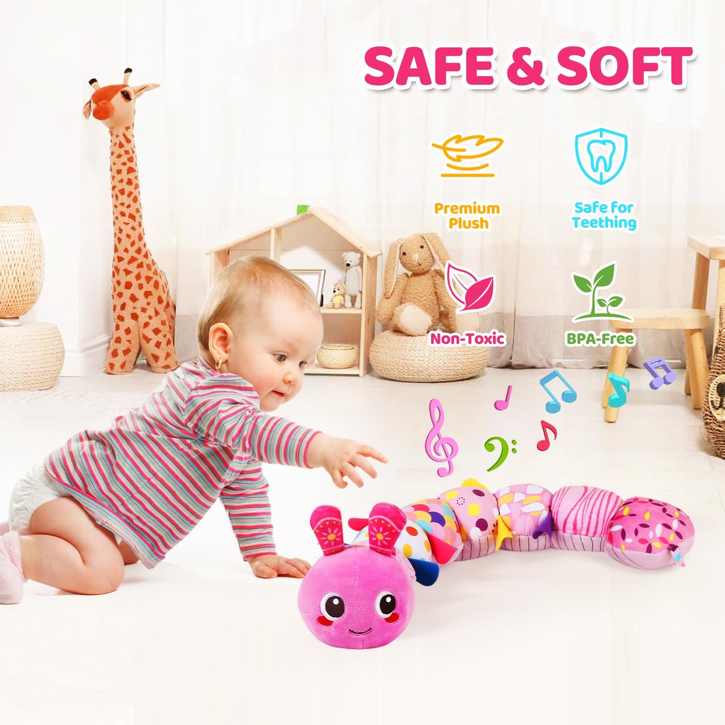 Kmuysl Baby Montessori Toys 0-6 6-12 Months, Sensory Music Animal Stuffed Toy For 0 1 2 3 4 5 6+ Months, Plush Toy With Crinkle