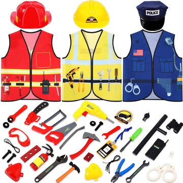 Bonuci 3 Sets Kids Role Play Clothes for Kids Age 3-7 Years Old Dress up Costumes Vest Set Police Fireman and Worker for Toddler Kids Boys Pretend Role Accessories