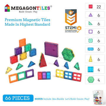 MEGAGONTILES 66PCS enhanced MagneticTiles MagnetTiles STEM AUTHENTICATED Magnetic Blocks Polygons Magnet Set Magnetic Building Blocks Magnets for Kids MagneticTile Toy Boys Girls Age 3 4 5 6 7 8
