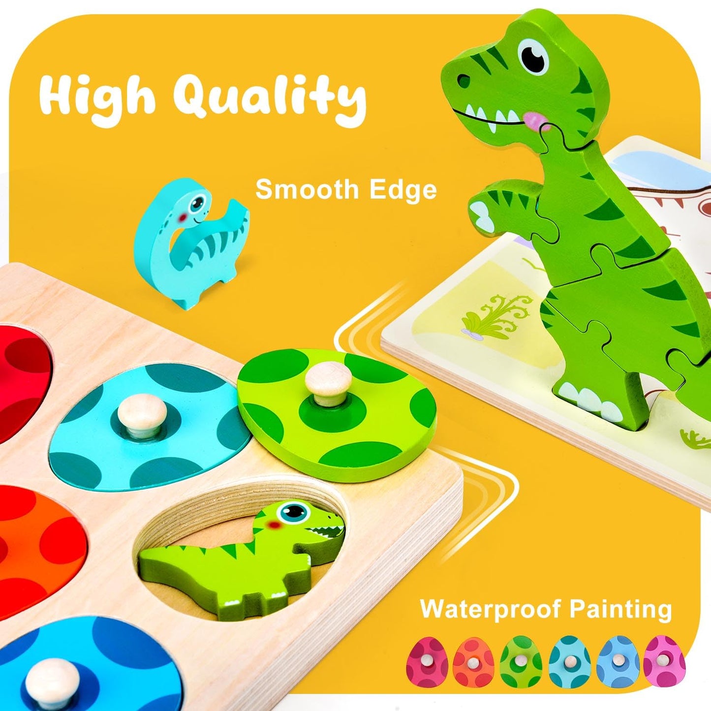 Auntyfey Dinosaur Wooden Toddler Puzzle 1-3 With Dinosaur Eggs Peg Puzzles, Montessori Toys For 1 2 Year Old Boy Girl, Kid Woode