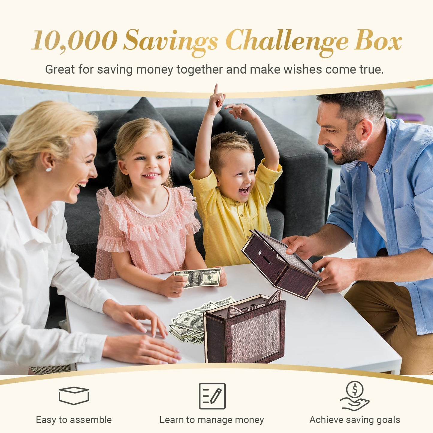 Upgraded Money Saving Box, 10000 Wooden Piggy Bank For Kids, Coin Cash Box Gifts Toys For Ages 8-13, Reusable Kakaibo Money Savi