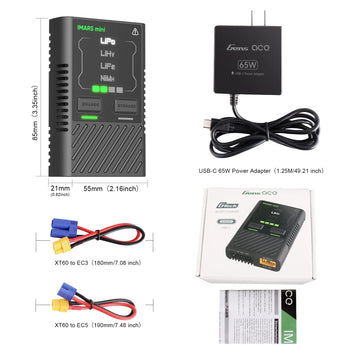 Gens ace Imars Mini G-Tech Series 60W Lipo Battery Charger with a 65W Type-C PD Adapter for LiPo/Life/LiHV 2-4S, NiMH 2-12S