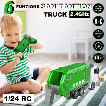 CALEST 2.4Ghz Remote Control Garbage Truck Toys,1/24 RC Garbage Truck with 6 Channel Remote Control Waste Management Garbage Tru