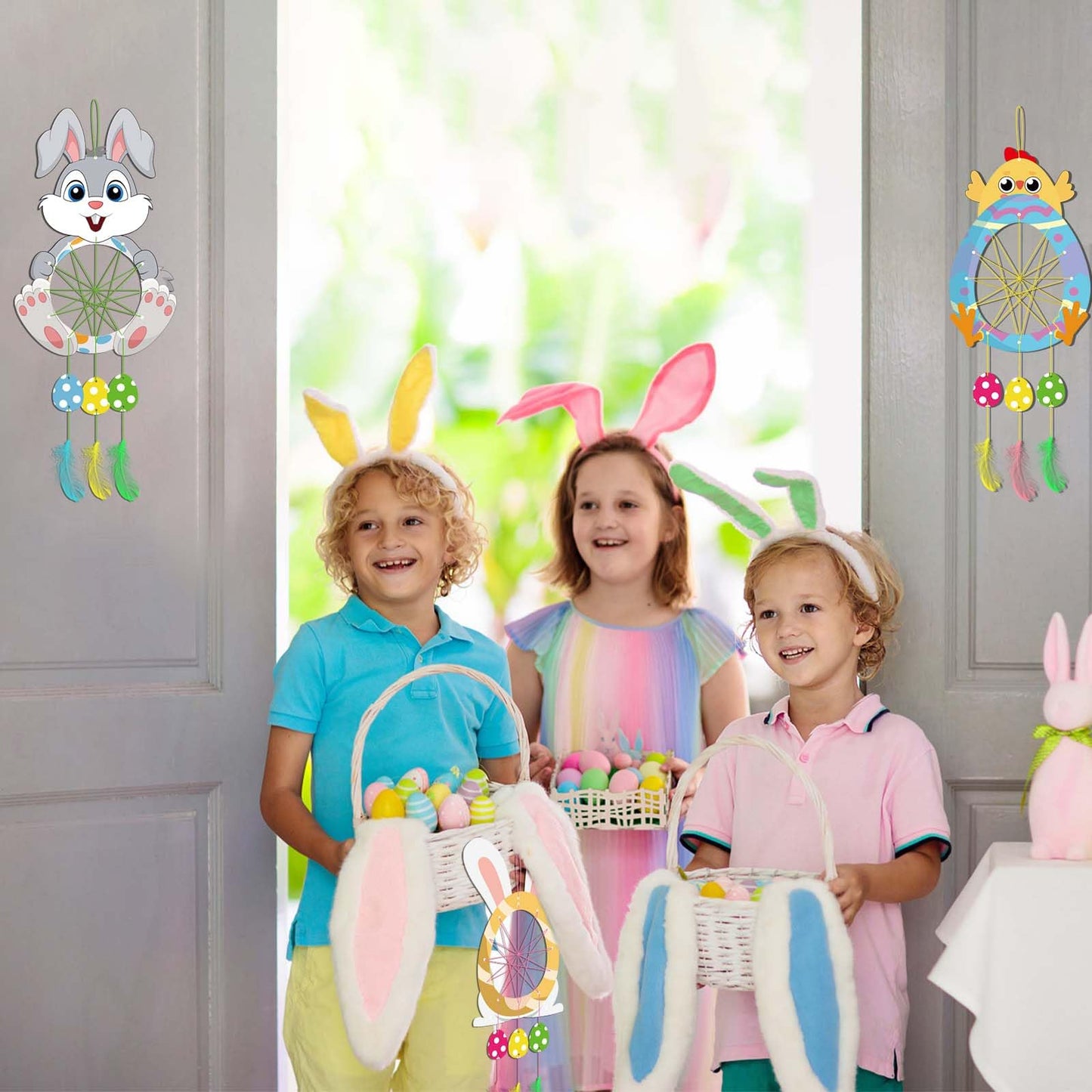 Fennoral 5 Pack Easter Dream Catcher Craft Kit For Kids Paint You Own Bunny Chick Dream Catcher Ornament Diy Coloring Wooden Eas