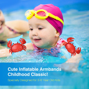 MoKo Swim Arm Bands for Kids Toddlers Begin to Swim Inflatable Pool Floats Sleeves Cute Cartoon Swimming Wings Armlets Rings Floaties Tubes Water Sports Learning Swim Training Aids Crabby
