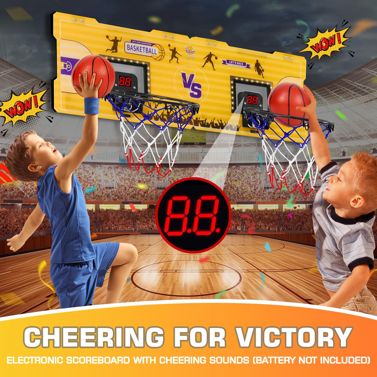 Fbsport Basketball Hoop Indoor, 2 Player Door Basketball Hoop Indoor Mini Basketball Hoop With 4 Balls And Led Light, Over The D