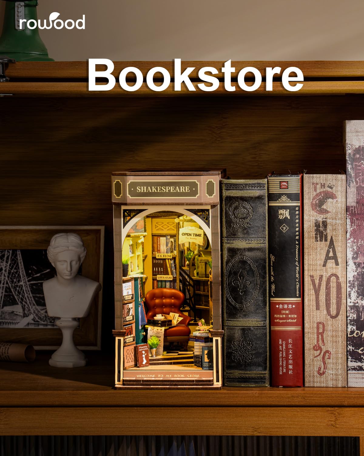 Rowood Book Nook,Diy Book Nook Kits For Adults,3D Wooden Puzzle Bookend Miniature Kit,Bookshelf Insert Decor Alley,Wood Craft Hobbies For Women/Men,Birthday Bookstore
