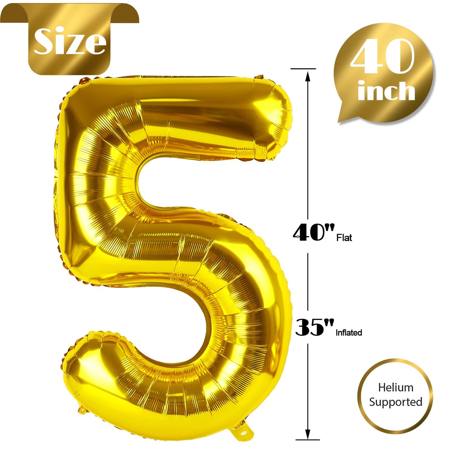Gold Number 5 Balloon 40 Inch, 5 Balloon Number, 5Th Birthday Decorations, Gold Party Supplies For Boys Girls