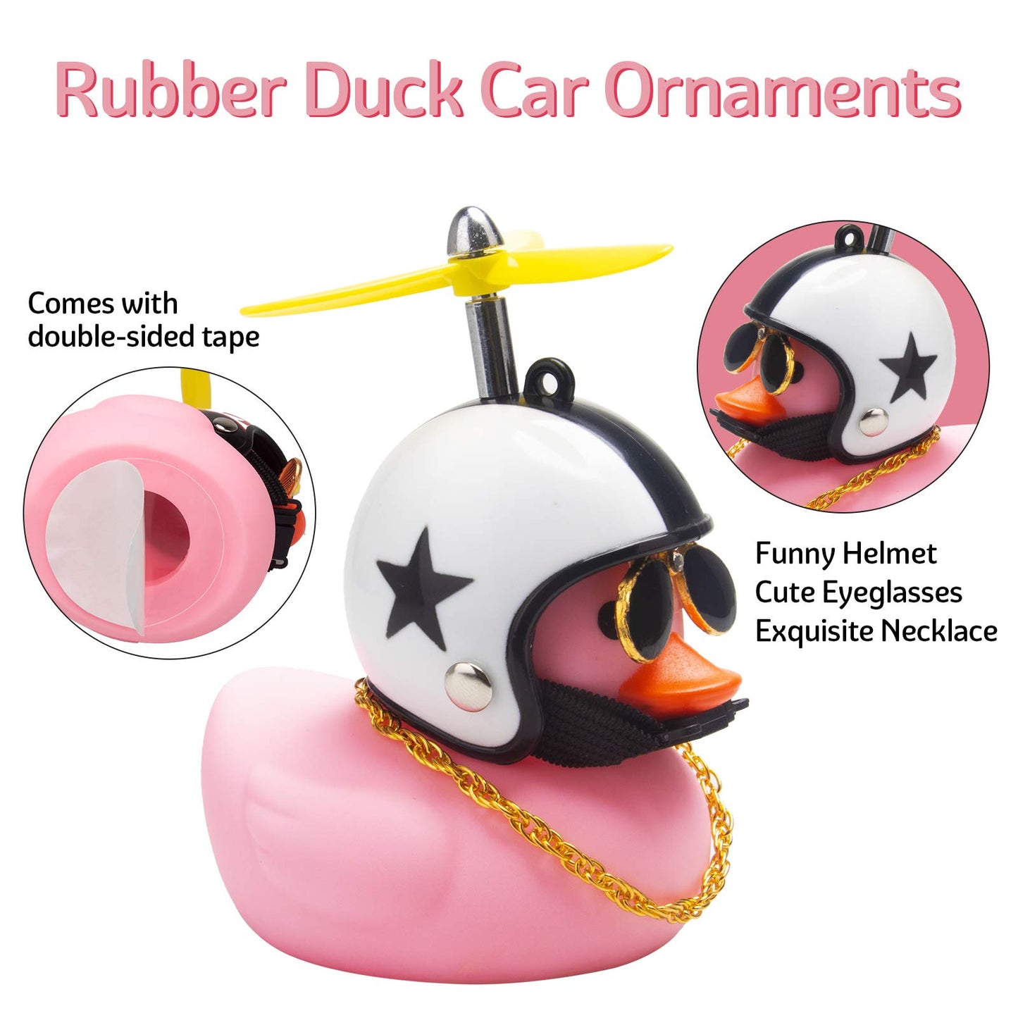 Wonuu Pink Duck Car Dashboard Decorations - Rubber Duck Car Ornaments With Propeller Helmet Sunglasses And Gold Chain (Star-Pink