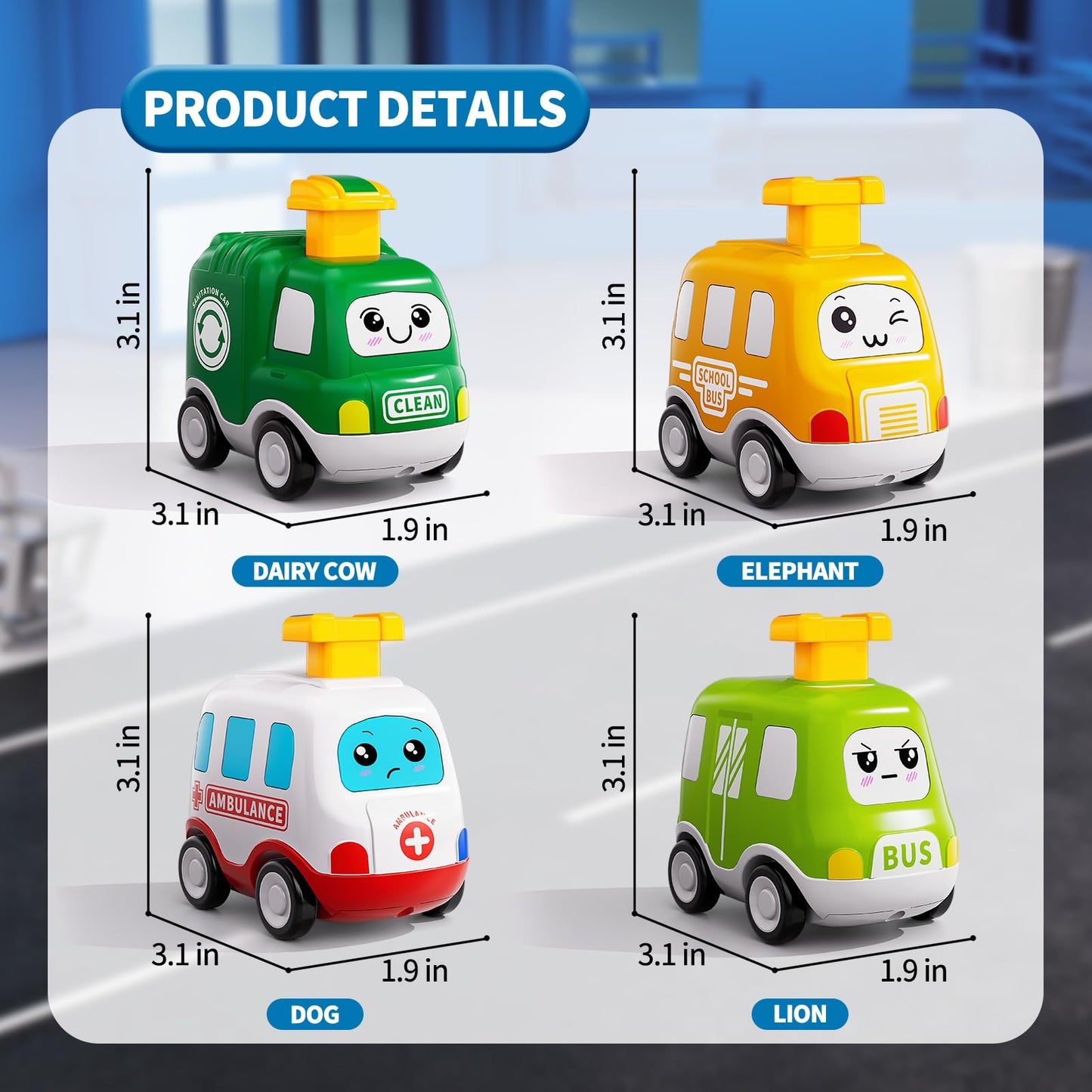 Jukudahu City Press And Go Car Toys For Toddlers 1-3 - 4 Pcs Kids Play Cars, Ambulance, Sanitation Car, Bus And School Bus, Car