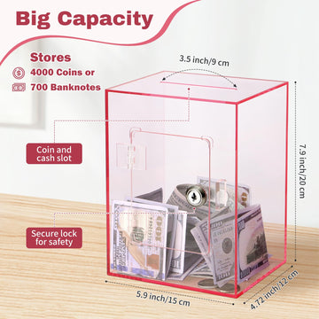 Imeepa Clear Acrylic Piggy Bank With Lock And Key For Kids Adults, Openable Money Saving Box For Cash Coins Real Money (Pink)