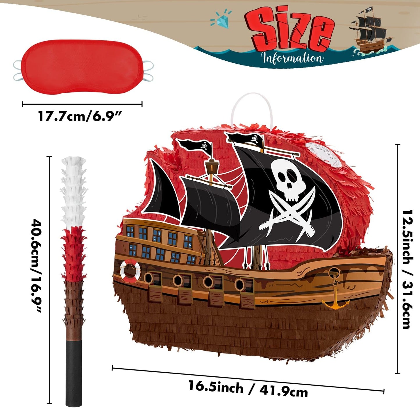 WERNNSAI Pirate Piata - Pirate Ship Piata with Blindfold and Bat for Boys Kids Caribbean Pirate Piata Birthday Party Favors Deco