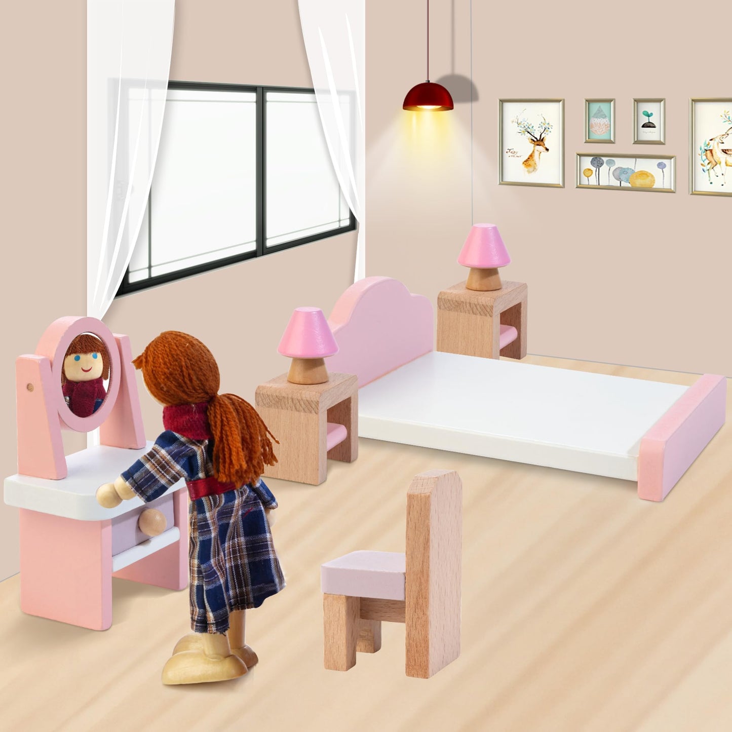 Kizfarm Wooden Dollhouse Furniture Set With 4 Family Dolls, 26 Pcs Pretend Play Dollhouse Accessories For 4 Rooms, Pink Furnitur