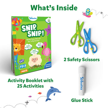 Skillmatics Scissor Skills Activity Book - Snip Snip Animals, 25 Fun Activities, 2 Child-Safe Scissors, Multicolor, Ages 3-7