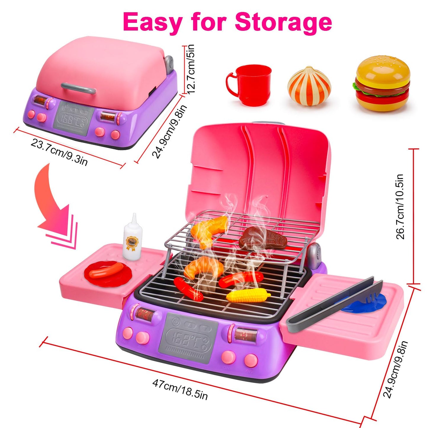 Girls BBQ Grill Playset with Pretend Smoke Sound Light Kids Pink Kitchen Toy Age 2-4 3-5 4-8 Toddler Camping Cooking Set Play Fo