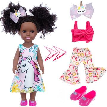 Zqdoll Black Doll And Black Baby Doll Clothes 14.5 Inch African American Silicone Girl Doll With 2 Sets Clothes And Travel Equip