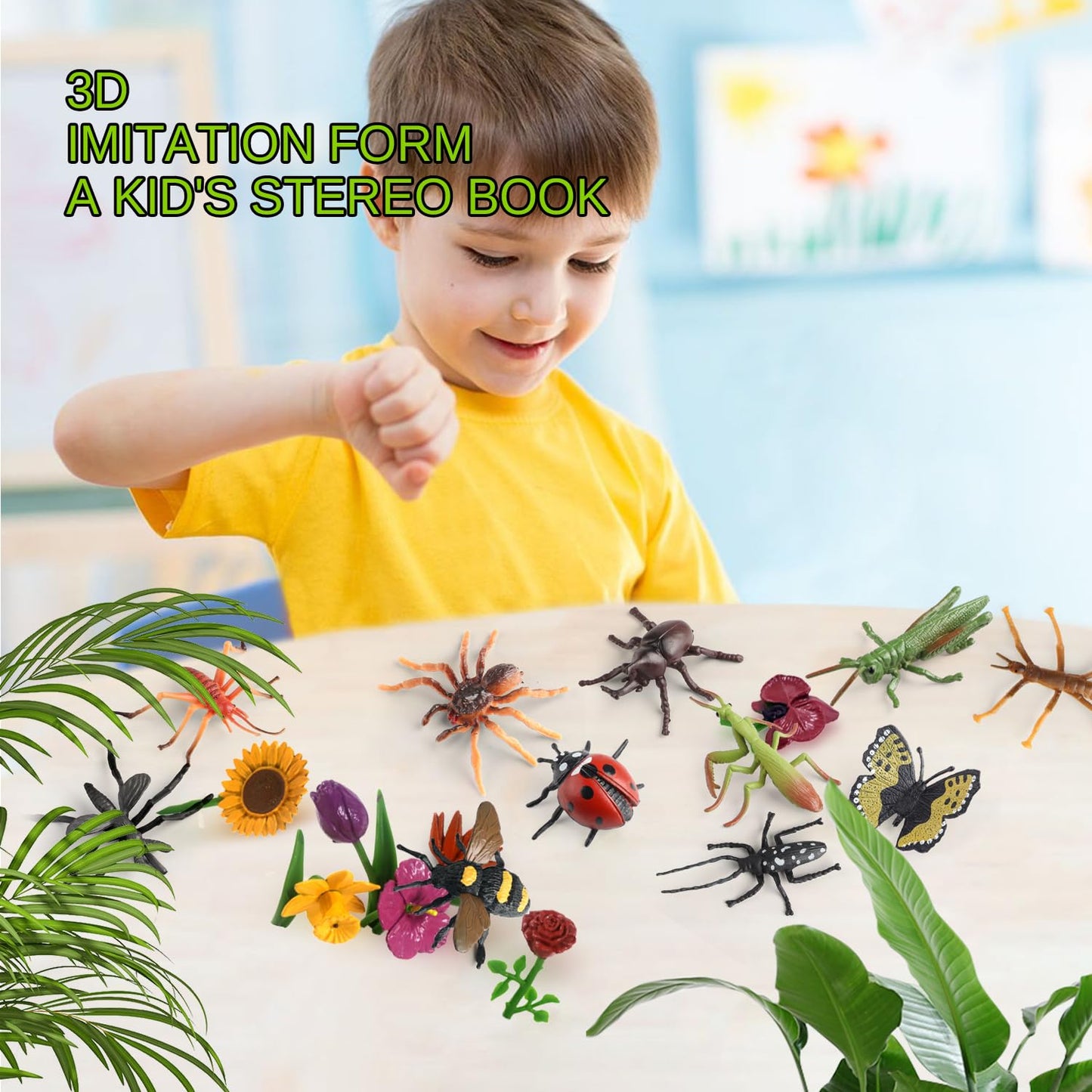 Insect Plant Figures Toys 20Pcs, Realistic Plastic Bugs Flower Figurines With Ladybug Bee Butterfly Ant Cricket Mantis Scorpion