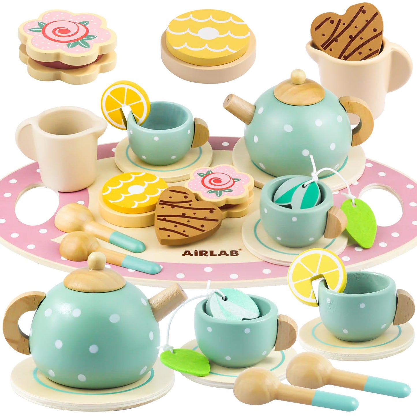 Wooden Tea Set for Little Girls Play Food Pretend Play Kitchen Accessories for 3 4 5 Years Old Girls and Boys Toddler Princess T