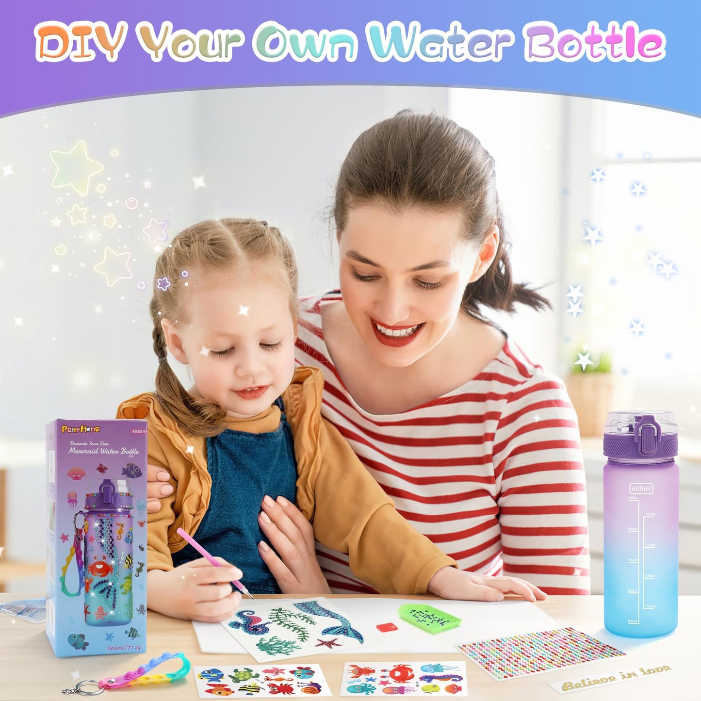 Perryhome Decorate Your Own Mermaid Water Bottle Kits For Girls, Mermaid Toys For Girls Age 4-10 Painting Crafts Kit, Fun Arts Kits 6-12 Year Old Toddler Girls Birthday Christmas Gifts Toys