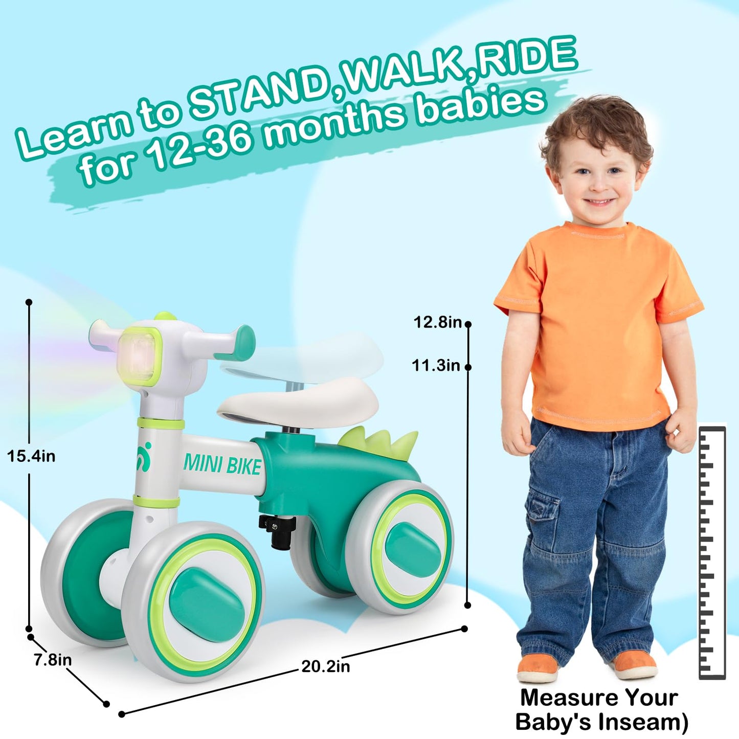 Baby Balance Bike for 1 Year Old Boys Girls Toddler Balance Bike 12-18-36 Months 4 Wheels Mini Walking Ride on Toys with Colorfu