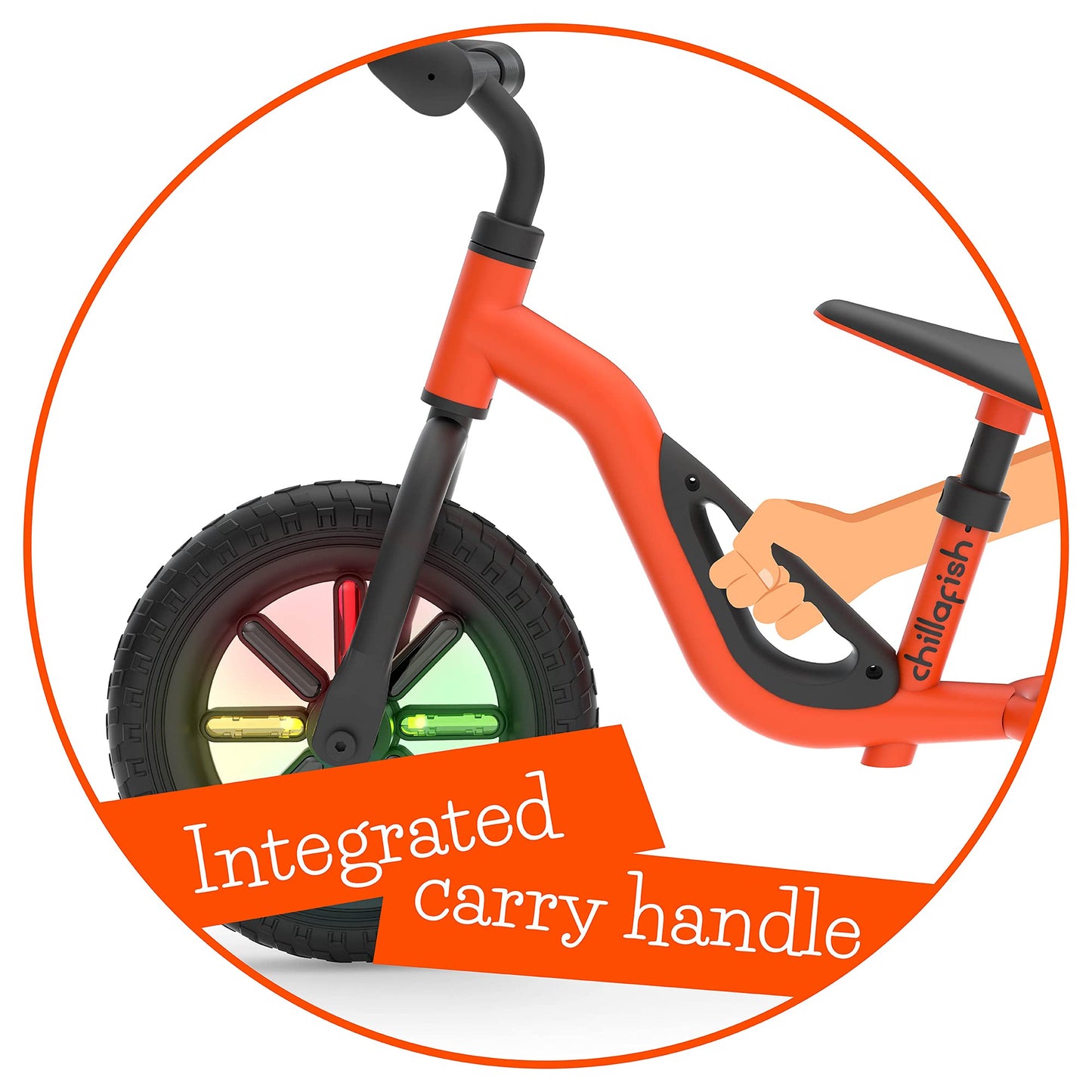 Chillafish Charlie Glow Lightweight Toddler Balance Bike Trainer With Light-Up Wheels For Children 18-48 Months, Learn To Ride With 10-Inch No-Puncture Tires, Adjustable Seat And Carry Handle, Orange
