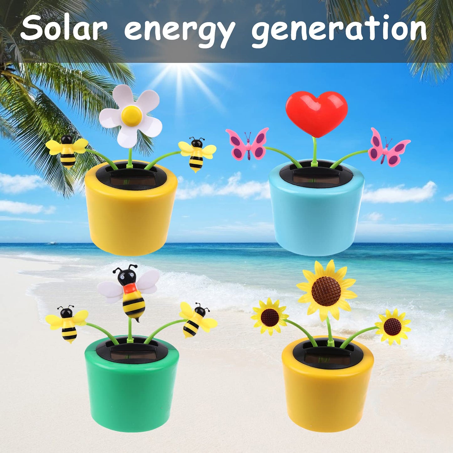 4 Solar Dancing Bee Toy Solar Powered Dancing Flower In Colorful Pots Swinging Heart Sun Flower Flip Flap Animated Bobblehead Dancer Window Rose Sun Catcher Car Dashboard Decor Portable Suncatchers